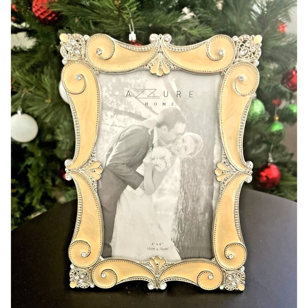 Azzure Home Enamel On Metal w/ Rhinestones Vanilla Photo Frame 5" x 7" 4x6 photo